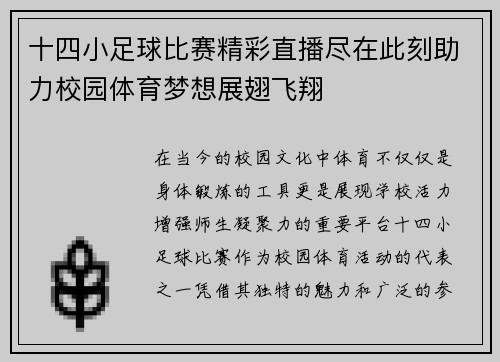十四小足球比赛精彩直播尽在此刻助力校园体育梦想展翅飞翔
